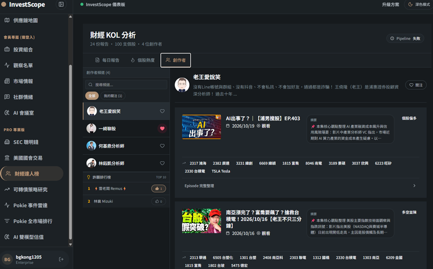 自建視覺化操作介面的財經 KOL 創作者與影片分析畫面